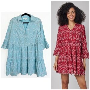 MODAPOSA Cotton Blue White Eyelet Cadenza Flare Sleeve Empure Dress, M